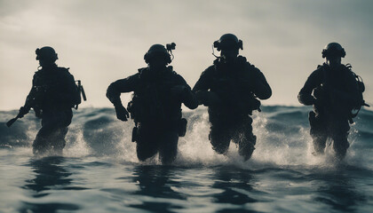 silhouette of underwater commando team advancing on boat in foggy sunrise.