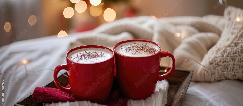 Poster two holiday mugs of hot cocoa on a tray on the bedroom at christmas time. copy space image. place fo