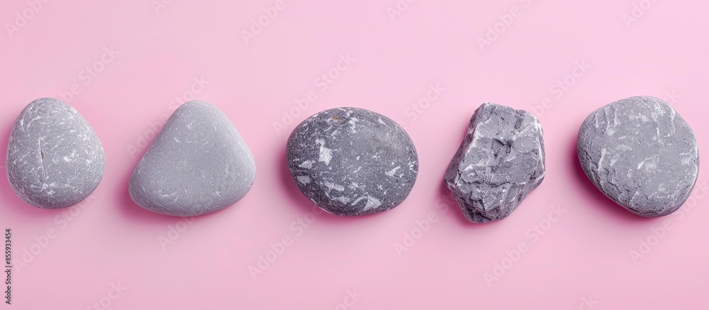 Poster six grey stones isolated on pastel background pastel. copy space image. place for adding text and de