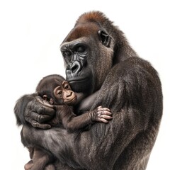 Fototapeta premium Protective Gorilla Embracing Baby with Love and Care on White Background