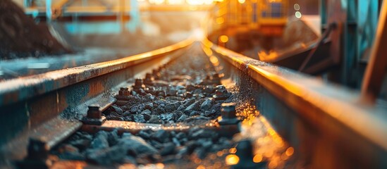 Conveyor belt moves ore from the quarry for processing. Blurred foreground. Copy space image. Place for adding text or design