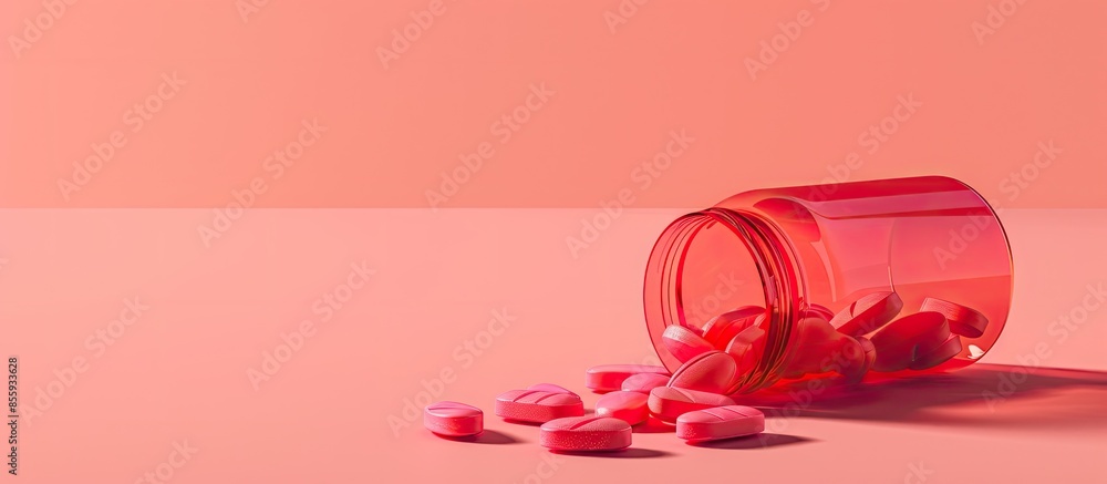 Poster red pill bottle spilling pills on to surface isolated on a pastel background. copy space image. plac