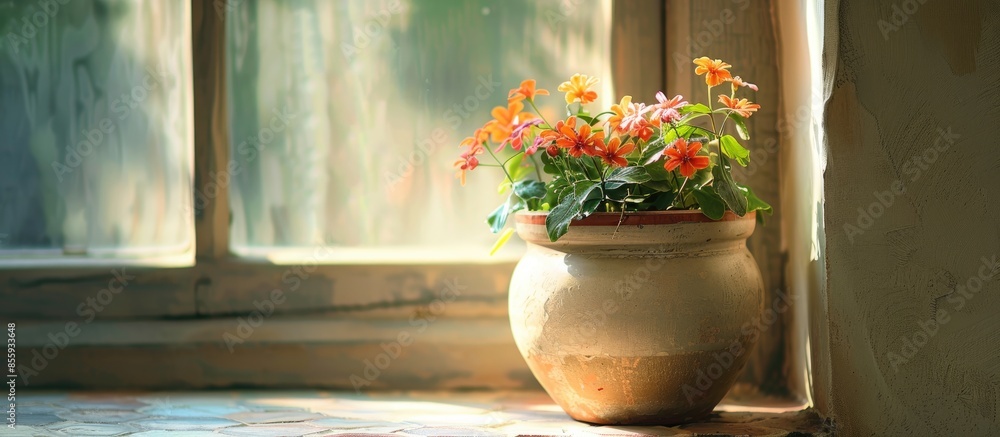 Poster flowerpot by the window. copy space image. place for adding text and design