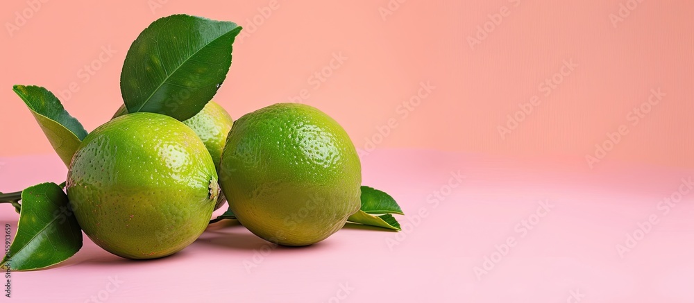 Poster three ripe limes with leaf. isolated on pastel background. copy space image. place for adding text a