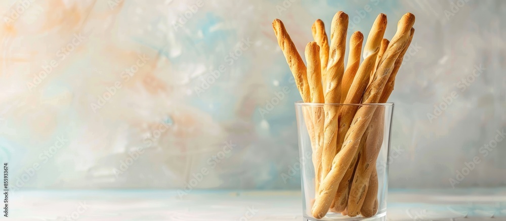 Poster bread sticks in glasses isolated on pastel background. copy space image. place for adding text and d