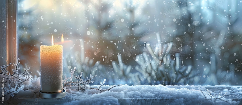 Poster frosted winter window. one light candle . copy space image. place for adding text and design