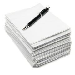 Naklejka premium Organized Stack of Office Papers with Pen on Top Isolated on White Background