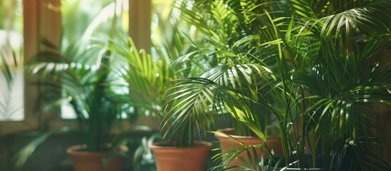 Obraz premium A fragment of the interior with potted indoor plants and palm trees.Home gardening.Houseplants and urban jungle concept.Biophilia design.Selective focus. Copy space image