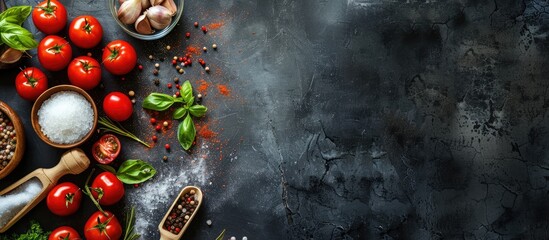 Composition with wooden board and ingredients for cooking on table. Copy space image. Place for adding text and design