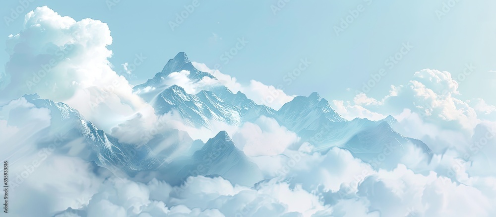 Poster clouds covering snowy mountain peaks pastel background. copy space image. place for adding text and 