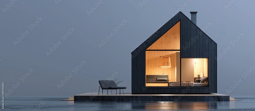 Poster modern little house with interior clad with wood. copy space image. place for adding text and design