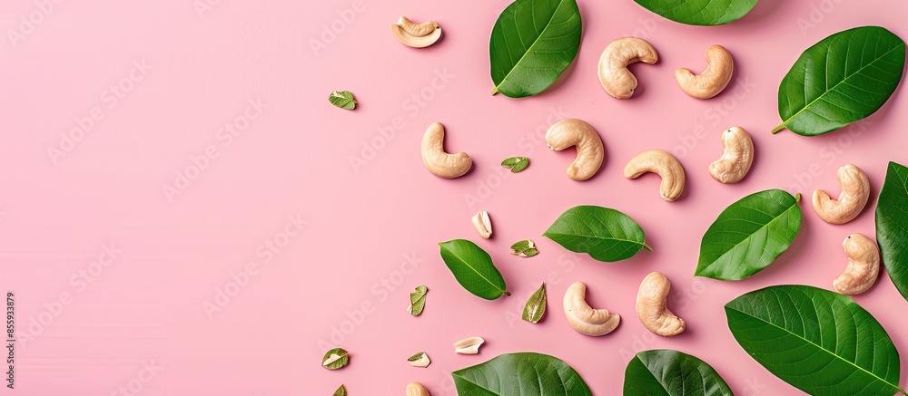 Poster cashew nuts with leaves isolated on pastel background with copy space for your text. top view. flat 