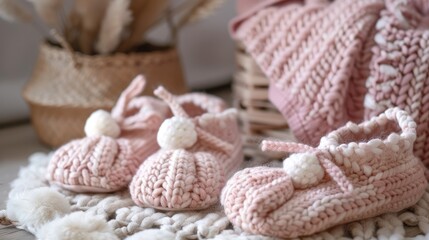 Artisan crafted knit rattle and blush slippers for babies