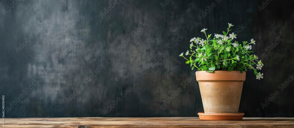 Poster little flower pot on the table with copy space, you can put text or wording into the copy space.