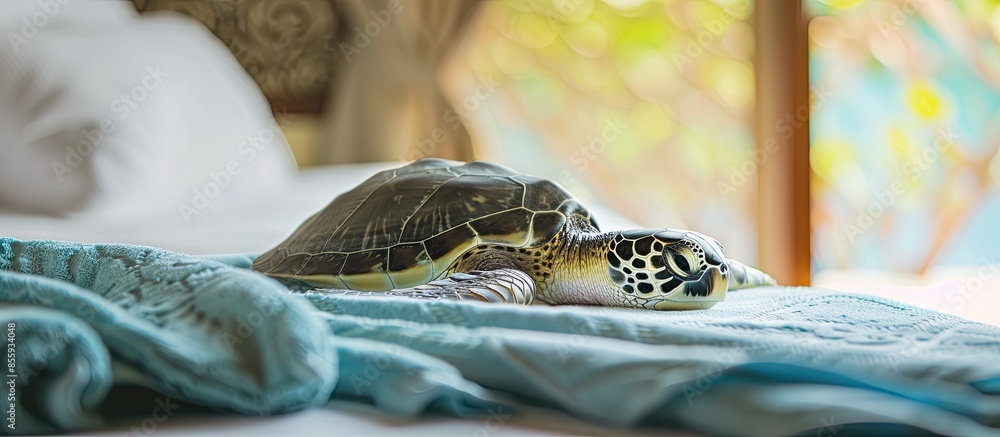 Poster turtle towels in bedroom at resort. copy space image. place for adding text and design
