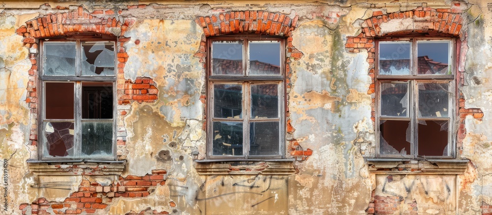 Aufkleber old vintage windows on the broken peeled wall facade. . copy space image. place for adding text and 