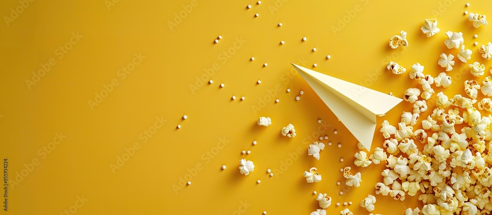 Poster paper plane flying, popcorn and lines on yellow background. concept of entrepreneurship, evolution a