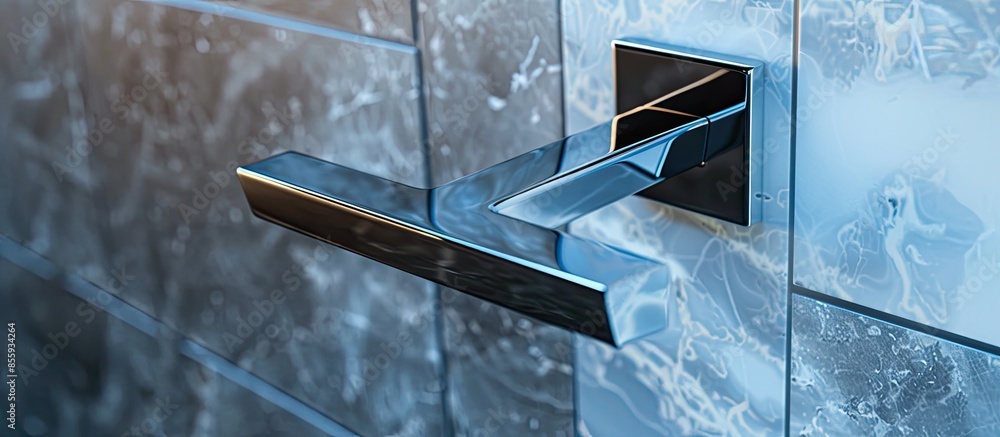 Poster closeup photo of metal door handle in modern style. copy space image. place for adding text and desi