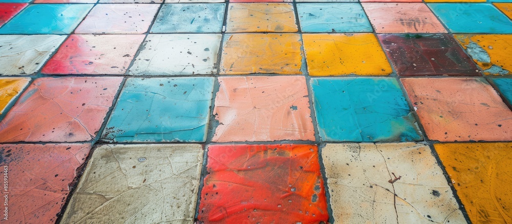 Poster colourful tile floor for pattern and background. colorful Tiled room.Background with square tiled floor. Copy space image. Place for adding text and design