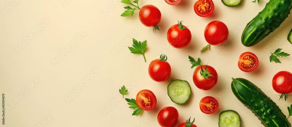 Poster cherry tomatoes, cucumbers and parsley, isolated on pastel background. copy space image. place for a