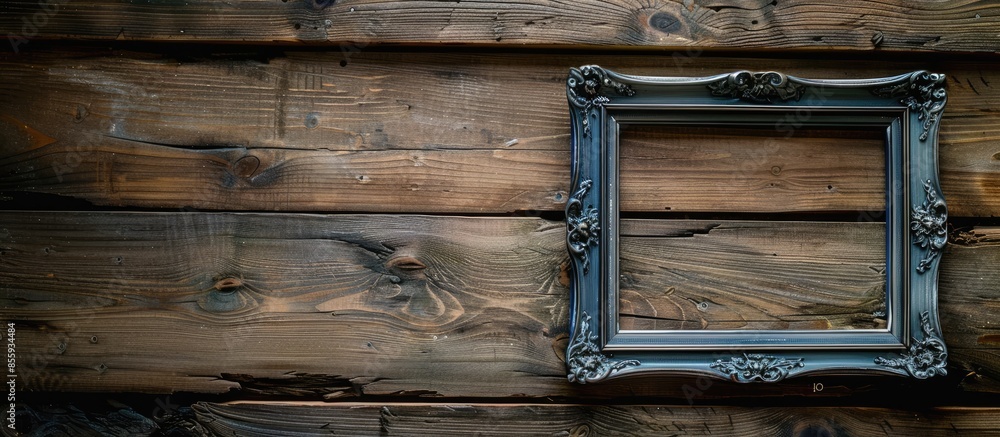 Aufkleber top shot of empty and vintage looking frame lying on wooden floor. cool photo placeholder or picture