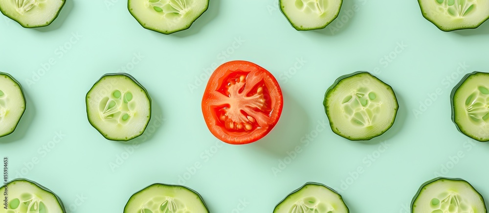 Aufkleber repeating of sliced semicircles of fresh raw vegetable cucumbers for salad and a slice of tomato in 
