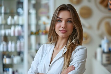 Fototapeta premium Straight-faced woman in white shirt arms crossed