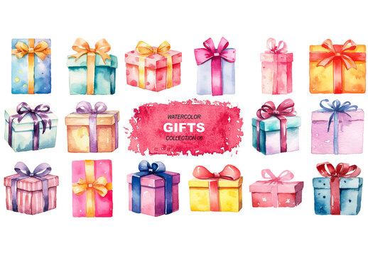 Vector watercolor painted style - gift boxes clipart isolated on white background. Created using Generative AI.