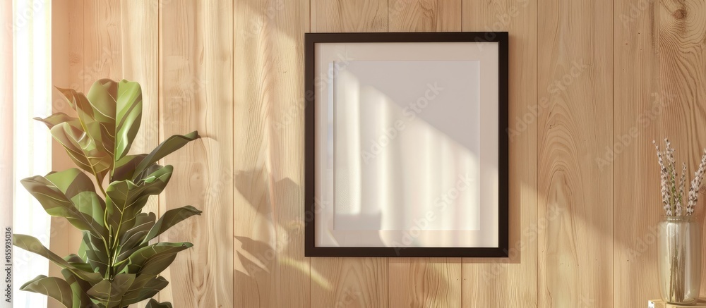 Poster black picture frame hanging on a light wooden wall. blank mockup template. copy space image. place f