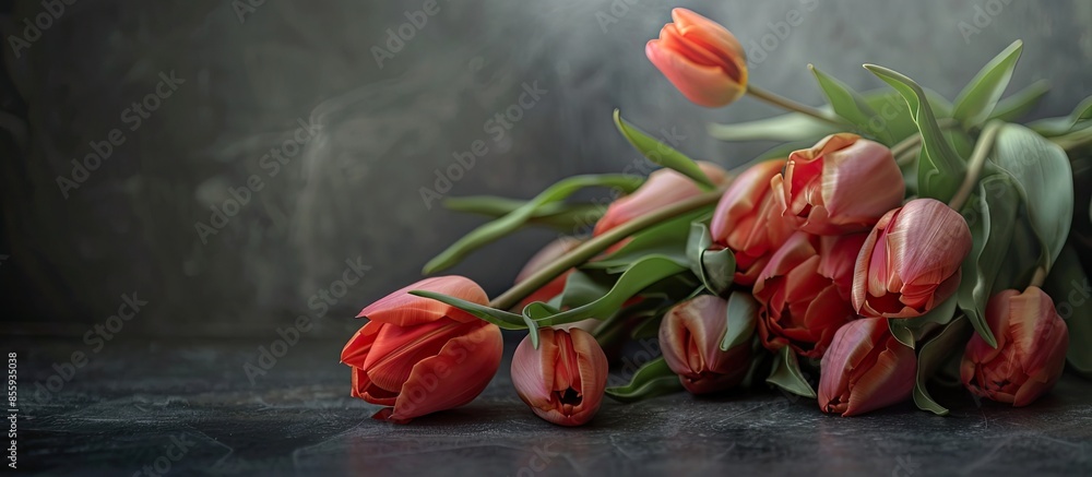 Poster bowed tulip buds in a bouquet on the table. copy space image. place for adding text and design