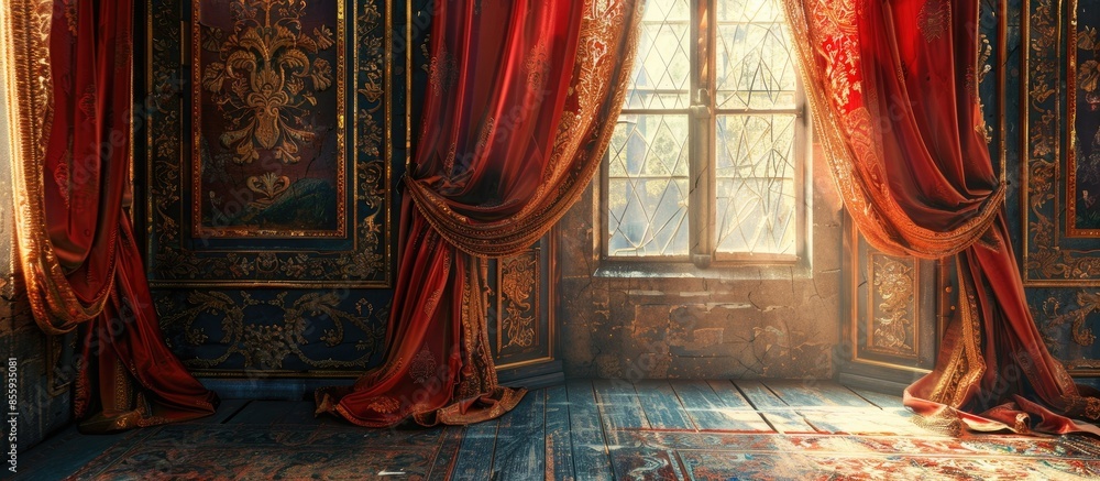 Poster richly decorated curtain at windows in the room. copy space image. place for adding text and design