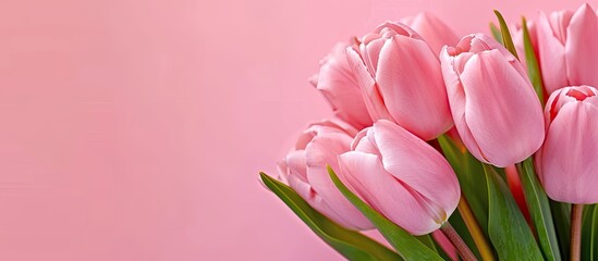 Obraz premium bouquet of pink tulips Isolated on pastel background. Copy space image. Place for adding text and design