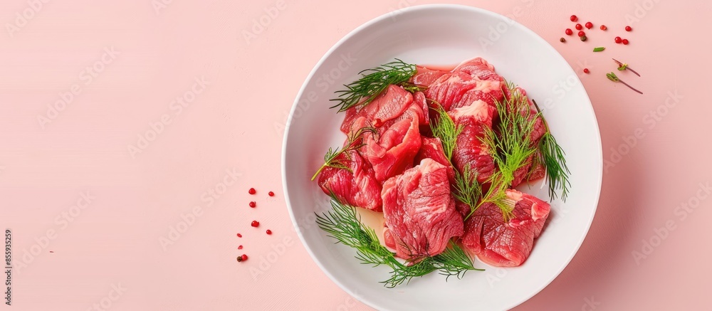 Poster slices of raw fresh beef meat fillet in a white bowls with dill and green peppers isolated over past