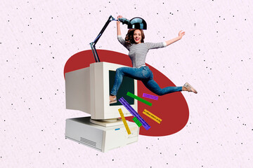 Creative collage image young girl energetic jump monitor computer modern technology remote job...