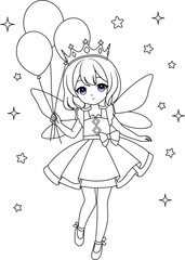 Cute kawaii fairy with sparkling wings isolated on white background outline coloring page for kids