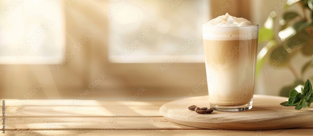 Poster closeup fluffy milk foam of cappuccino coffee served on rustic wooden table pastel background. copy 