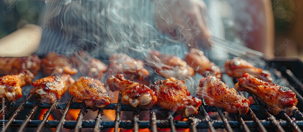 Poster grilling chicken wings out door grill. copy space image. place for adding text and design