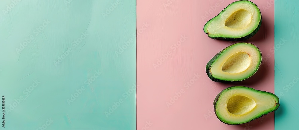 Aufkleber slice of fresh green avocado isolated on a pastel background. copy space image. place for adding tex