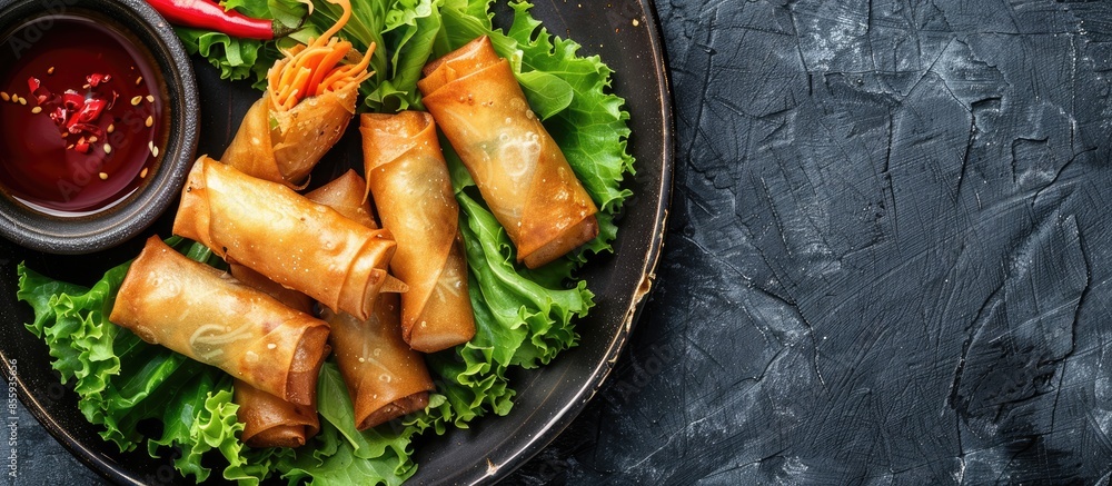 Poster fried spring rolls on a plate with salad, horizontal view from above. copy space image. place for ad