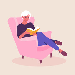 An elderly woman sits in an armchair and reads the book. Leisure of the house. Vector flat illustration
