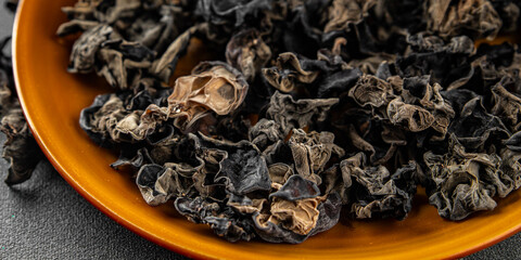 black fungus dried mushroom meal food snack on the table copy space food background rustic top view  