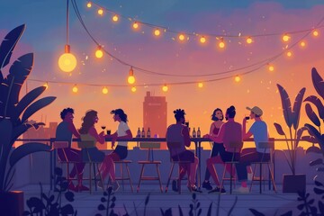 Illustration of a Group of Friends Sitting Around a Table, Enjoying Beers on a Summer Evening.