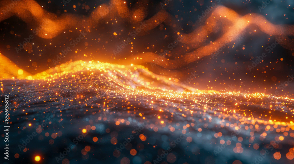 Poster an abstract yellow wave background with glowing particles and lines. futuristic waves