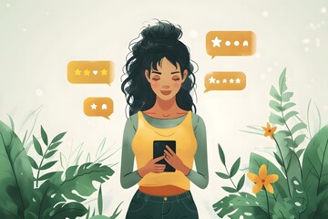 Woman holding tablet with 5 stars