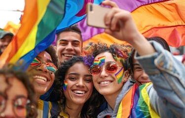 Joyful Faces at Pride: Young People Uniting Under Rainbow Flag - Generative ai