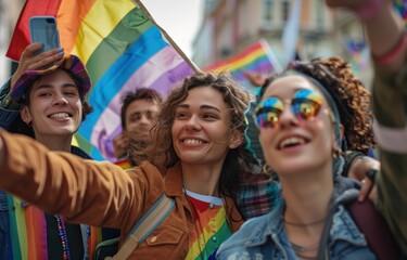 Joyful Faces at Pride: Young People Uniting Under Rainbow Flag - Generative ai