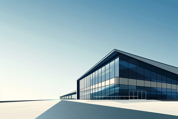 Fototapeta premium A sleek illustration of a modern business school building with large glass windows and a contemporary design, set against a clear, blue sky