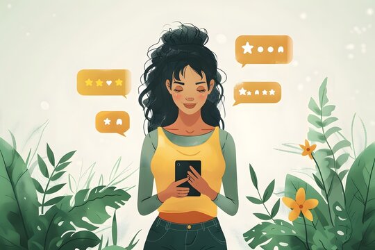 Woman holding tablet with 5 stars