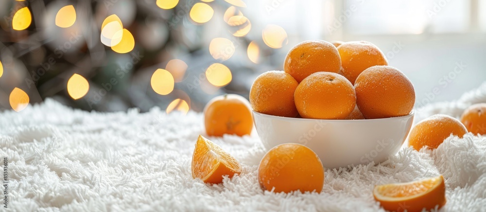 Poster fresh tangerines in cup on white carpet,christmas concept. copy space image. place for adding text a