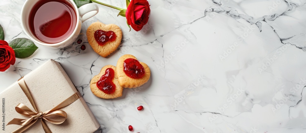 Poster homemade cookies in the form of hearts with red jam on valentine's day. on a marble table with a gif